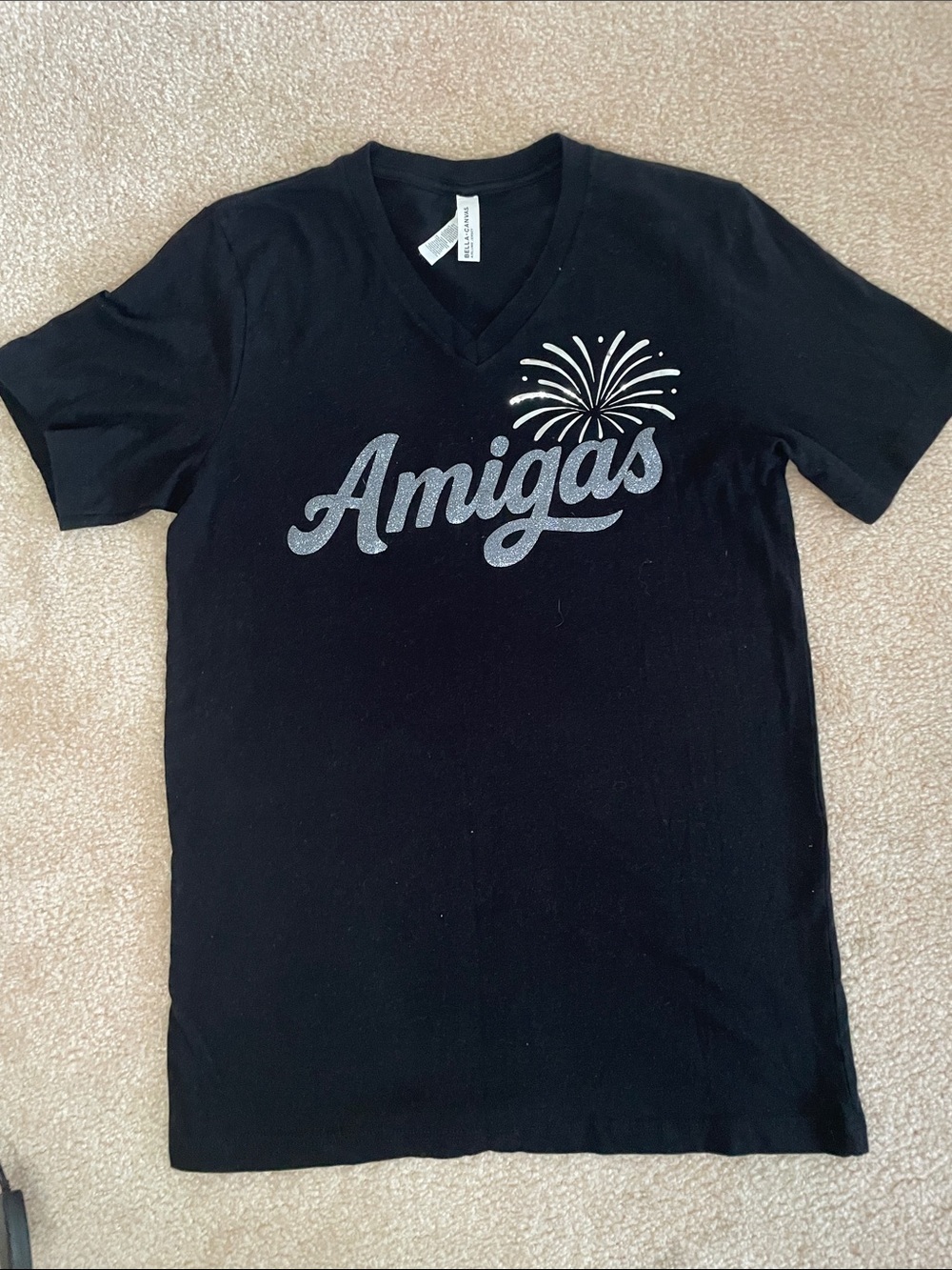 Bella Canvas Amigas Black V-Neck Graphic Tee Silver Metallic Fireworks M